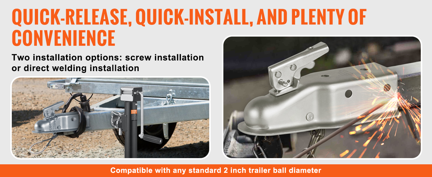 VEVOR trailer coupler showcasing screw and direct welding installation options with quick-release feature.