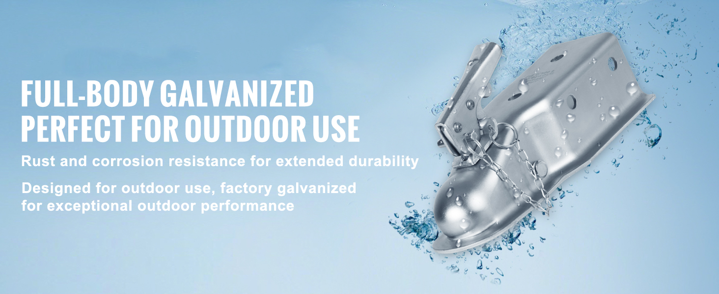 VEVOR trailer coupler: full-body galvanized, perfect for outdoor use, rust and corrosion resistant.