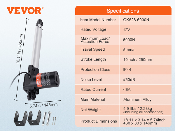 VEVOR linear actuator 6000n 12v with accessories and detailed specifications.