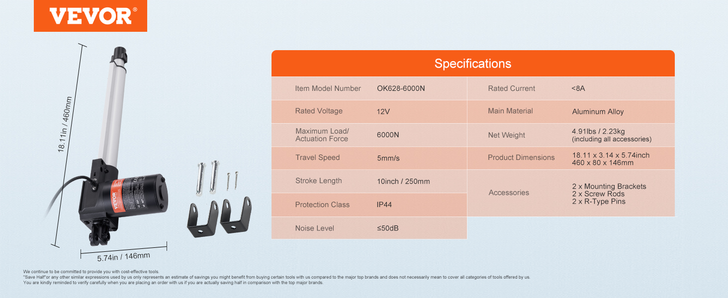 VEVOR linear actuator 6000n 12v with accessories and detailed specifications.