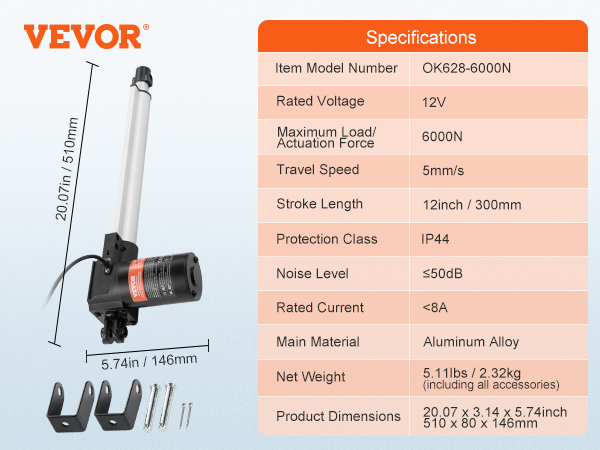 VEVOR linear actuator 12v, 6000n, 12-inch stroke, aluminum alloy, with mounting brackets and screws.