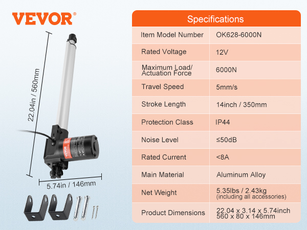 VEVOR linear actuator 12v, 6000n, stroke length 14 inches, accessories, and specifications included.