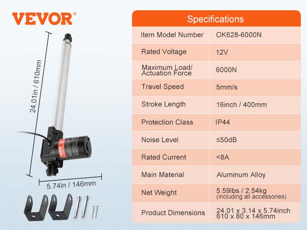 VEVOR linear actuator 12v, 6000n load, 400mm stroke length, aluminum alloy construction, ip44 protection.