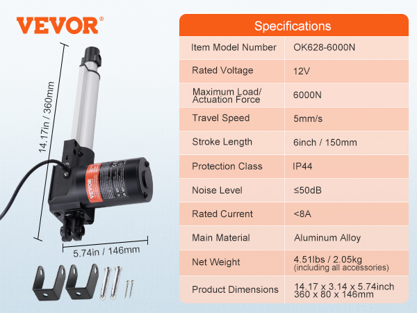 VEVOR linear actuator 12v, 6000n force, aluminum alloy, ip44 protection, 14.17in length, 5.74in width