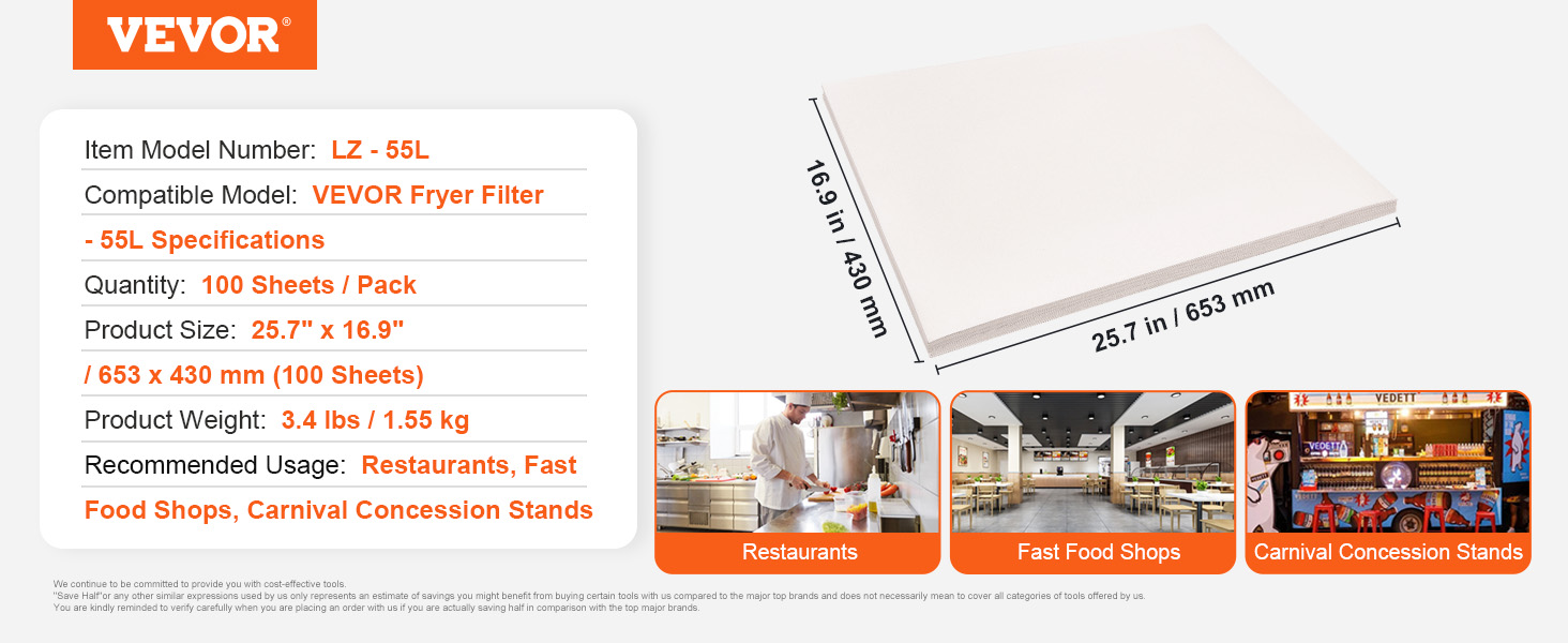 VEVOR fryer filter paper lz-55l, 100 sheets, 25.7"x16.9". ideal for restaurants, fast food shops, carnivals.