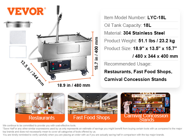VEVOR mobile fryer filter, 18l capacity, 304 stainless steel, for restaurants, fast food shops, stands.