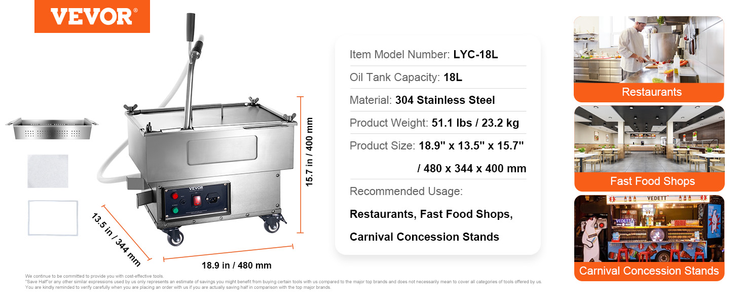 VEVOR mobile fryer filter, 18l capacity, 304 stainless steel, for restaurants, fast food shops, stands.