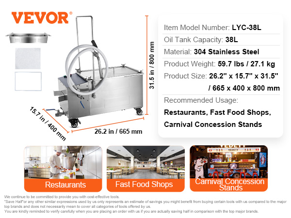 VEVOR mobile fryer filter, 38l capacity, stainless steel, dimensions: 26.2" x 15.7" x 31.5".