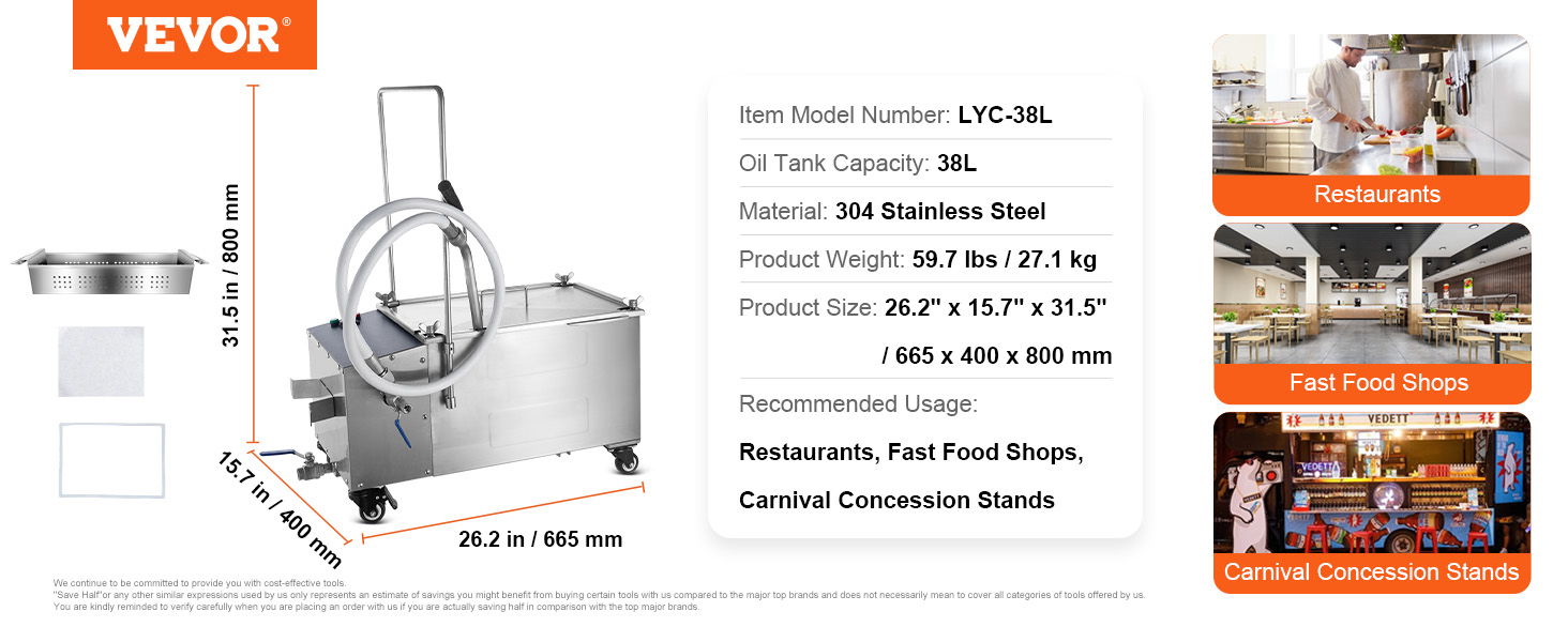 VEVOR mobile fryer filter, 38l capacity, stainless steel, dimensions: 26.2" x 15.7" x 31.5".