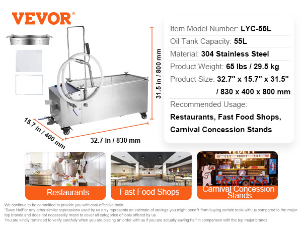 VEVOR mobile fryer filter lyc-55l, 304 stainless steel, 55l, for restaurants and fast food shops.