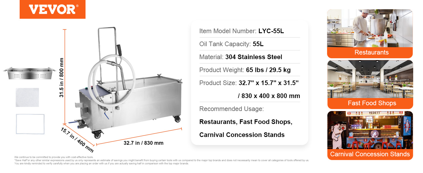 VEVOR mobile fryer filter lyc-55l, 304 stainless steel, 55l, for restaurants and fast food shops.