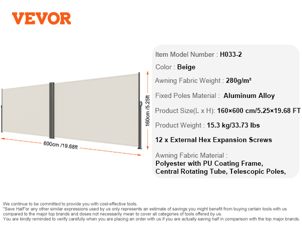 VEVOR retractable awning, polyester fabric, aluminum poles, 600cm length, beige color.