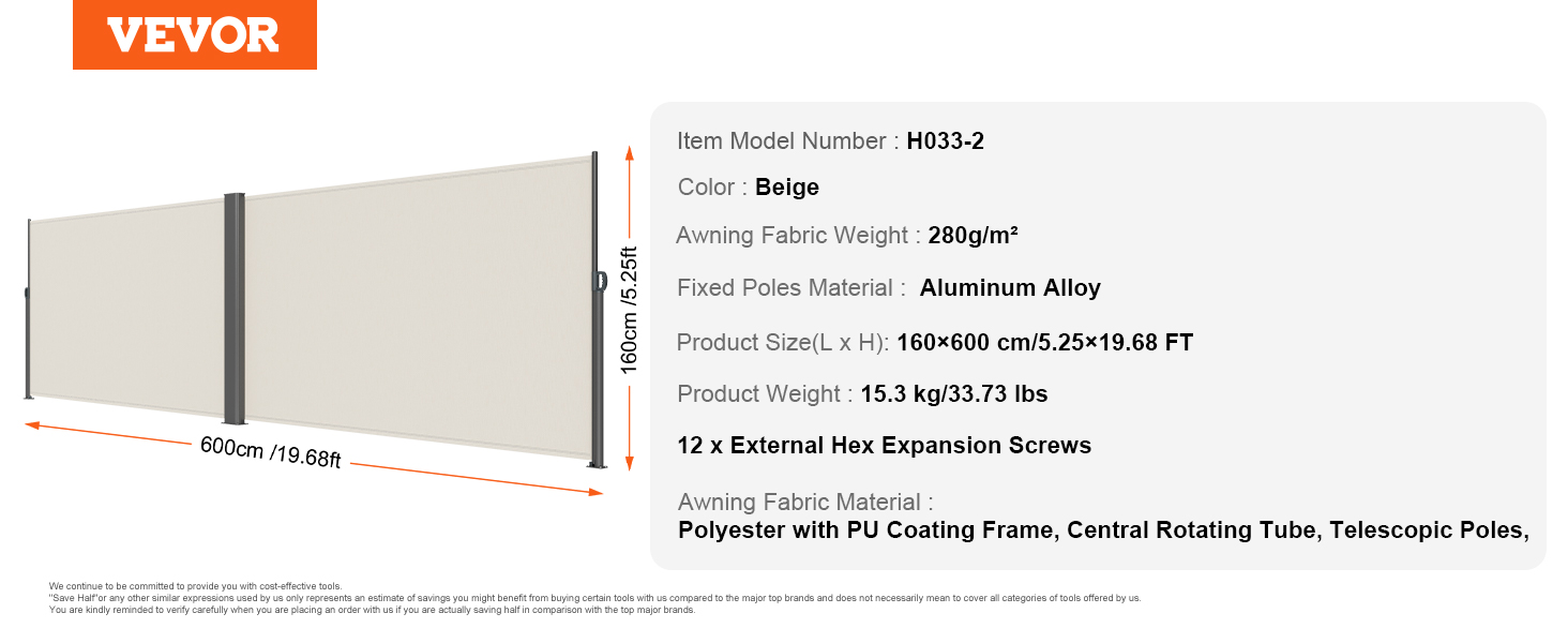 VEVOR retractable awning, polyester fabric, aluminum poles, 600cm length, beige color.