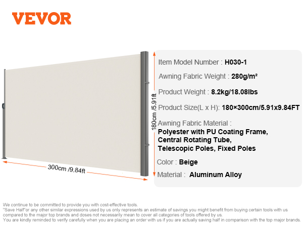 VEVOR beige retractable awning, aluminum alloy, 180x300cm, polyester fabric.