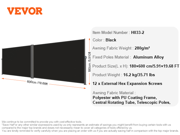 VEVOR retractable awning, black, polyester with pu coating, 180x600 cm.