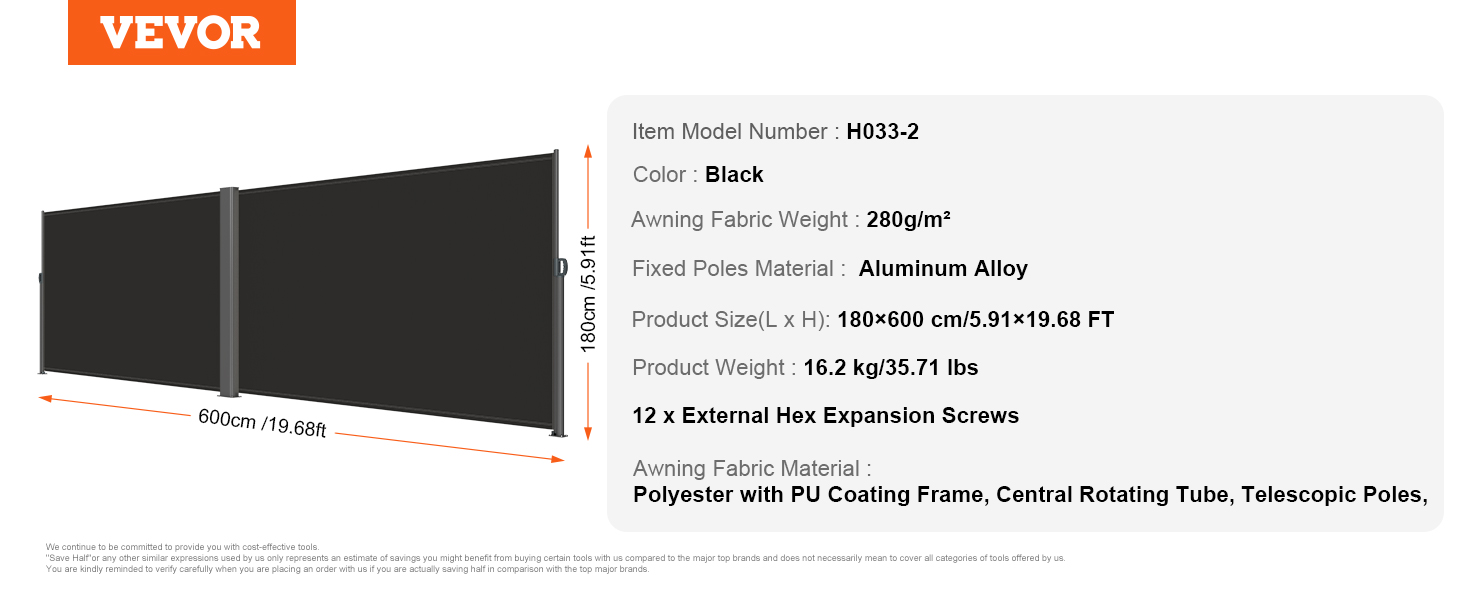 VEVOR retractable awning, black, polyester with pu coating, 180x600 cm.