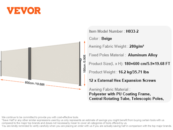 VEVOR side awning, beige, 180x600 cm, aluminum alloy poles, 280g/m² fabric.