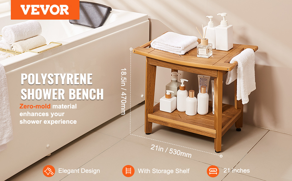 VEVOR shower bench by bathtub with storage shelf, zero-mold material, 21 inches, elegant design.