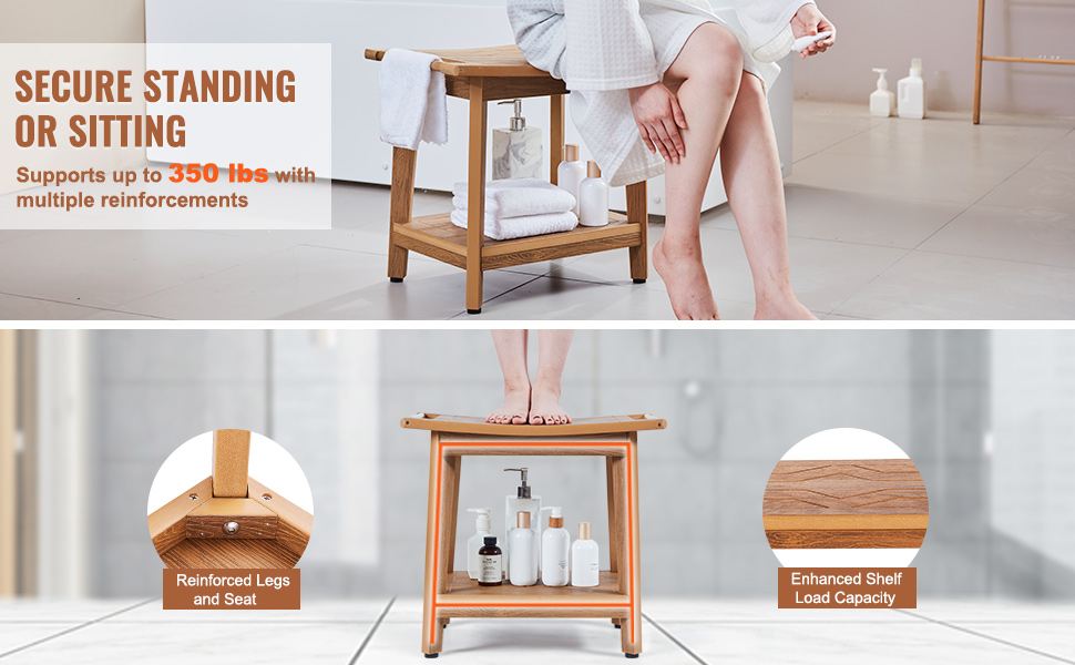 VEVOR shower bench with reinforced legs, supports 350 lbs, shown with towels and bath products.
