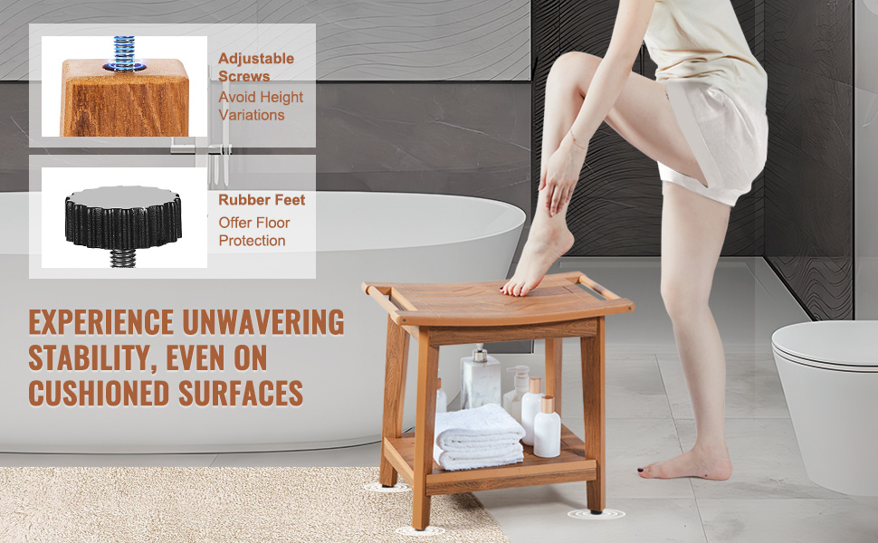 woman using VEVOR shower bench beside a bathtub with adjustable screws and rubber feet for stability.
