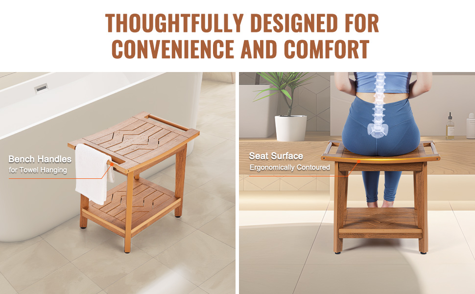 VEVOR shower bench with bench handles for towel hanging, ergonomically contoured seat surface.