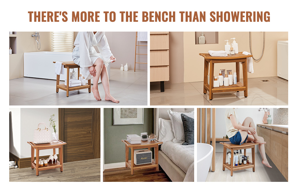VEVOR shower bench used as bathroom stool, side table, and versatile home furniture in multiple settings.