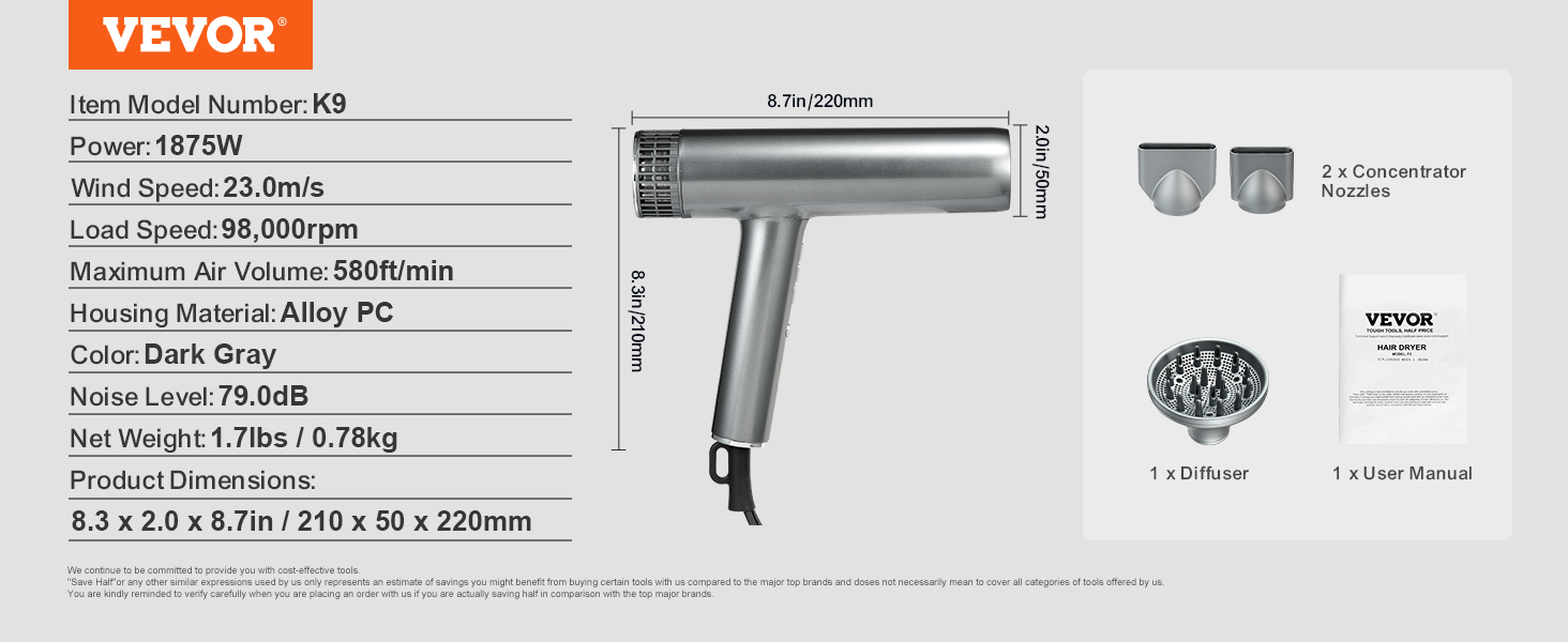 VEVOR professional hair dryer k9, 1875w, dark gray, with 2 concentrator nozzles, diffuser, and user manual.