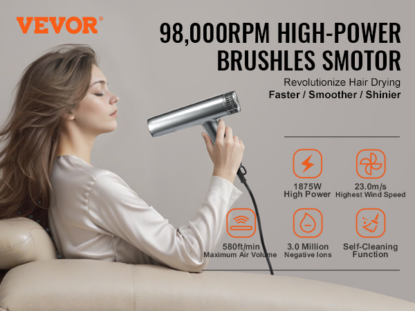 VEVOR professional hair dryer with high-power brushless motor for faster, smoother, shinier hair drying.