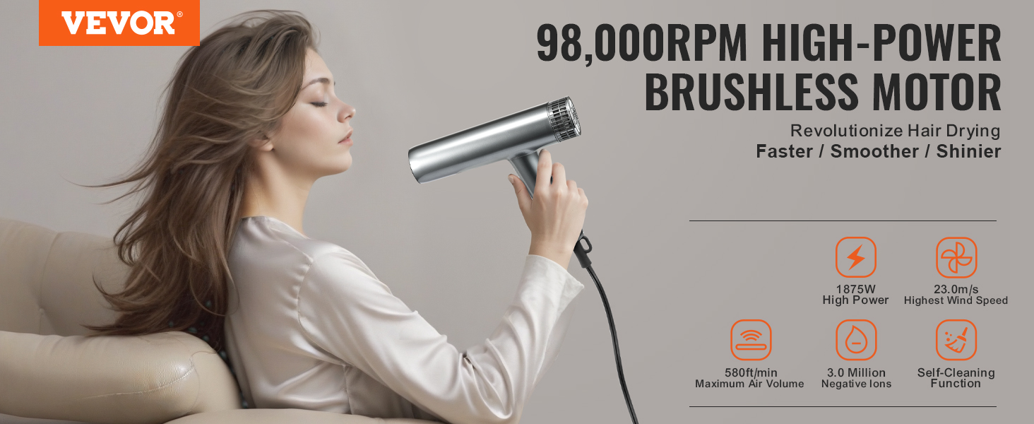 VEVOR professional hair dryer with high-power brushless motor for faster, smoother, shinier hair drying.