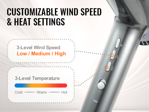 VEVOR professional hair dryer with customizable 3-level wind speed and 3-level temperature settings.
