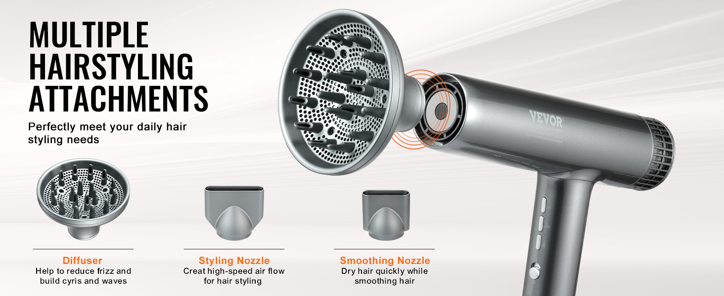 VEVOR professional hair dryer with diffuser, styling nozzle, and smoothing nozzle for versatile hairstyling.