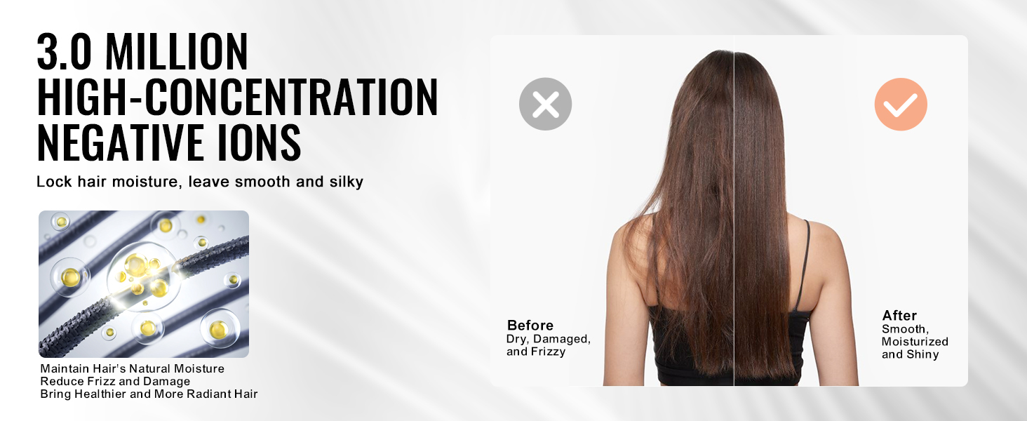 VEVOR professional hair dryer showcases 3.0 million high-concentration negative ions for smooth, shiny hair.