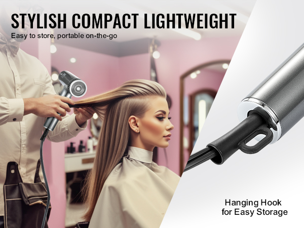 stylist using VEVOR professional hair dryer on client, showcasing its compact, lightweight design and hanging hook.