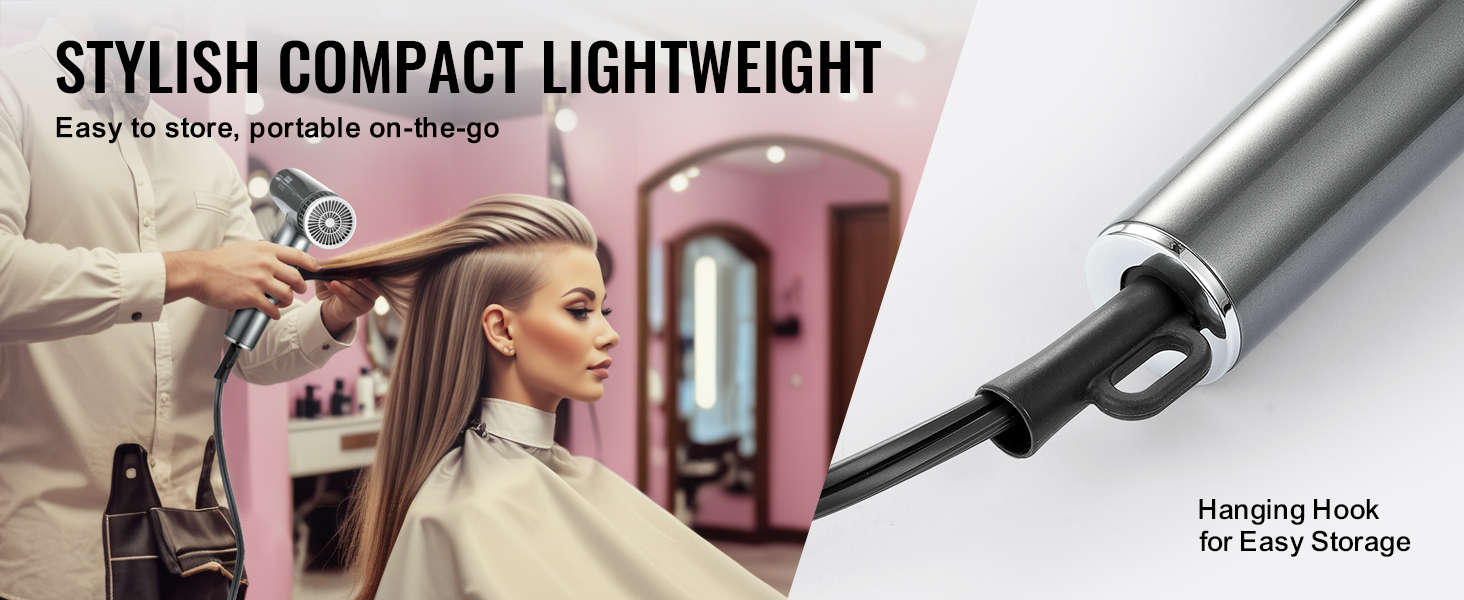 stylist using VEVOR professional hair dryer on client, showcasing its compact, lightweight design and hanging hook.