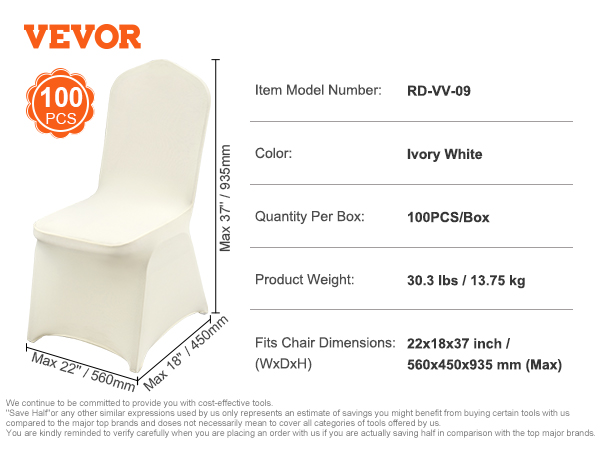 VEVOR chair covers in ivory white, 100 pcs per box, 22x18x37 inches dimensions.