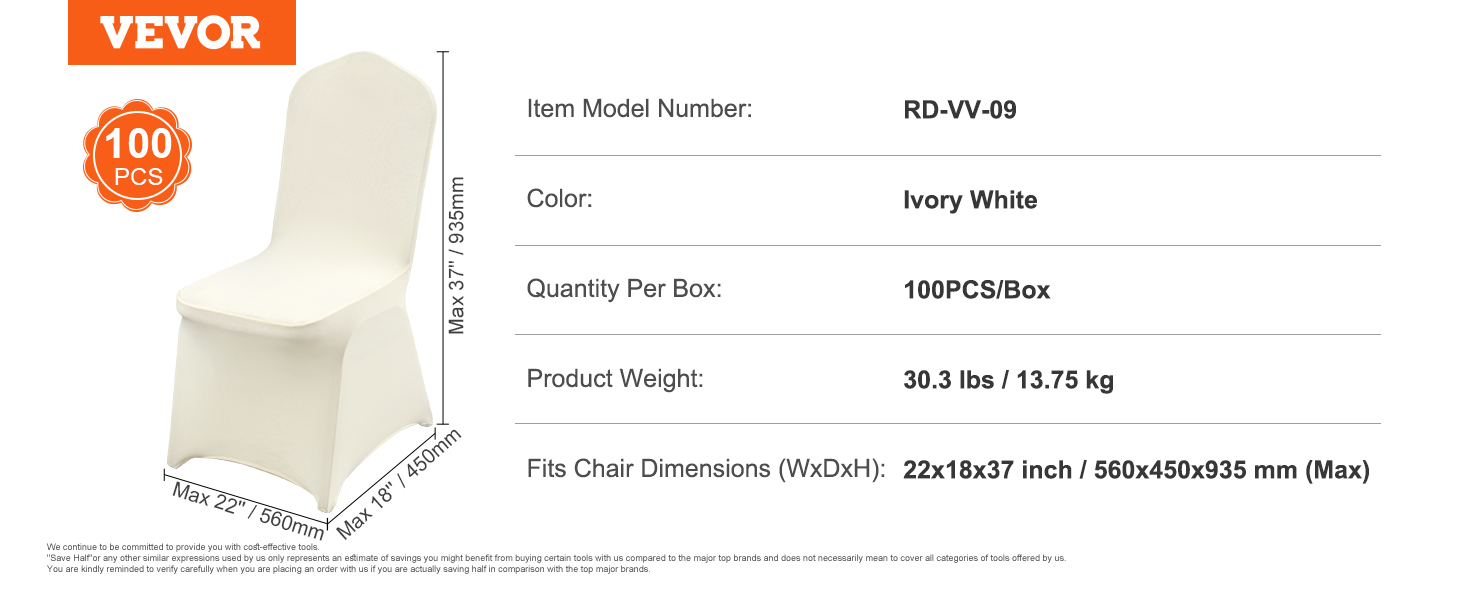 VEVOR chair covers in ivory white, 100 pcs per box, 22x18x37 inches dimensions.