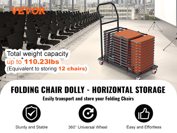 VEVOR folding chair dolly with horizontal storage, transporting 12 chairs, in a conference room setting.