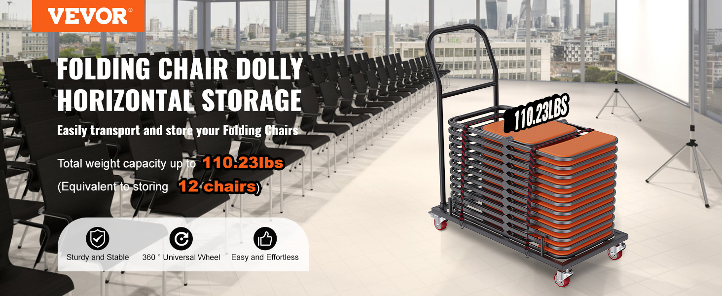 VEVOR folding chair dolly with horizontal storage, transporting 12 chairs, in a conference room setting.