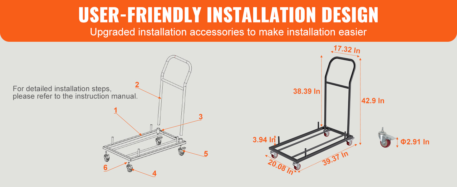 VEVOR folding chair dolly installation guide with labeled parts and dimensions for easy assembly.