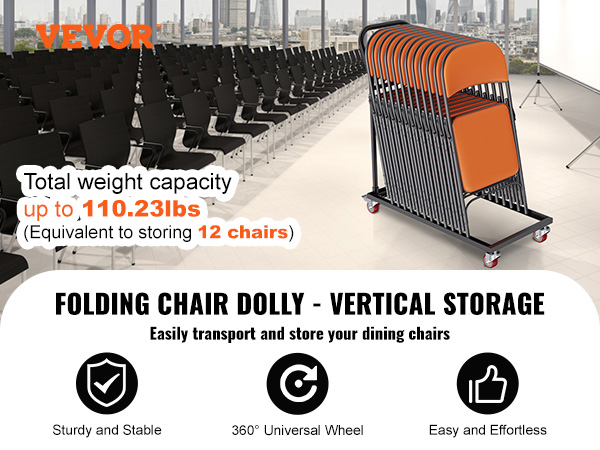 VEVOR folding chair dolly showcasing vertical storage with 12 orange chairs in a conference room.