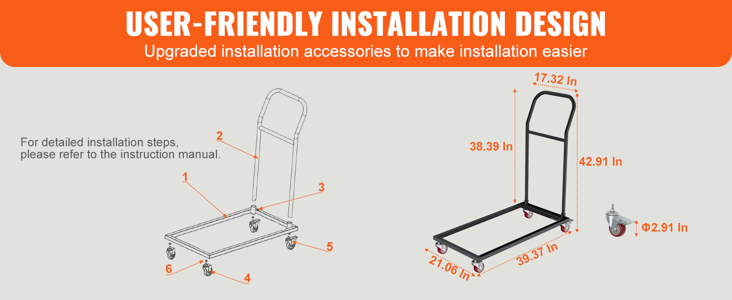 VEVOR folding chair dolly with user-friendly installation design and detailed dimensions for easy setup.