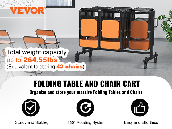 VEVOR folding chair cart with 264.55lbs capacity, storing up to 42 chairs, features sturdy design and 360° rotation.