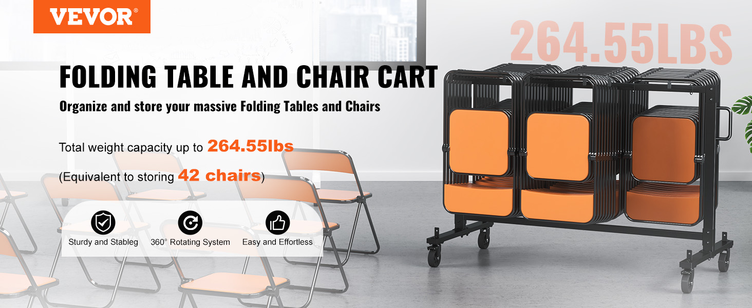 VEVOR folding chair cart with 264.55lbs capacity, storing up to 42 chairs, features sturdy design and 360° rotation.