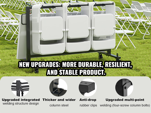 VEVOR folding chair cart displaying new upgrades for durability, including wider steel and anti-drop clips.