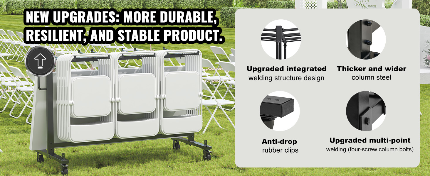 VEVOR folding chair cart displaying new upgrades for durability, including wider steel and anti-drop clips.