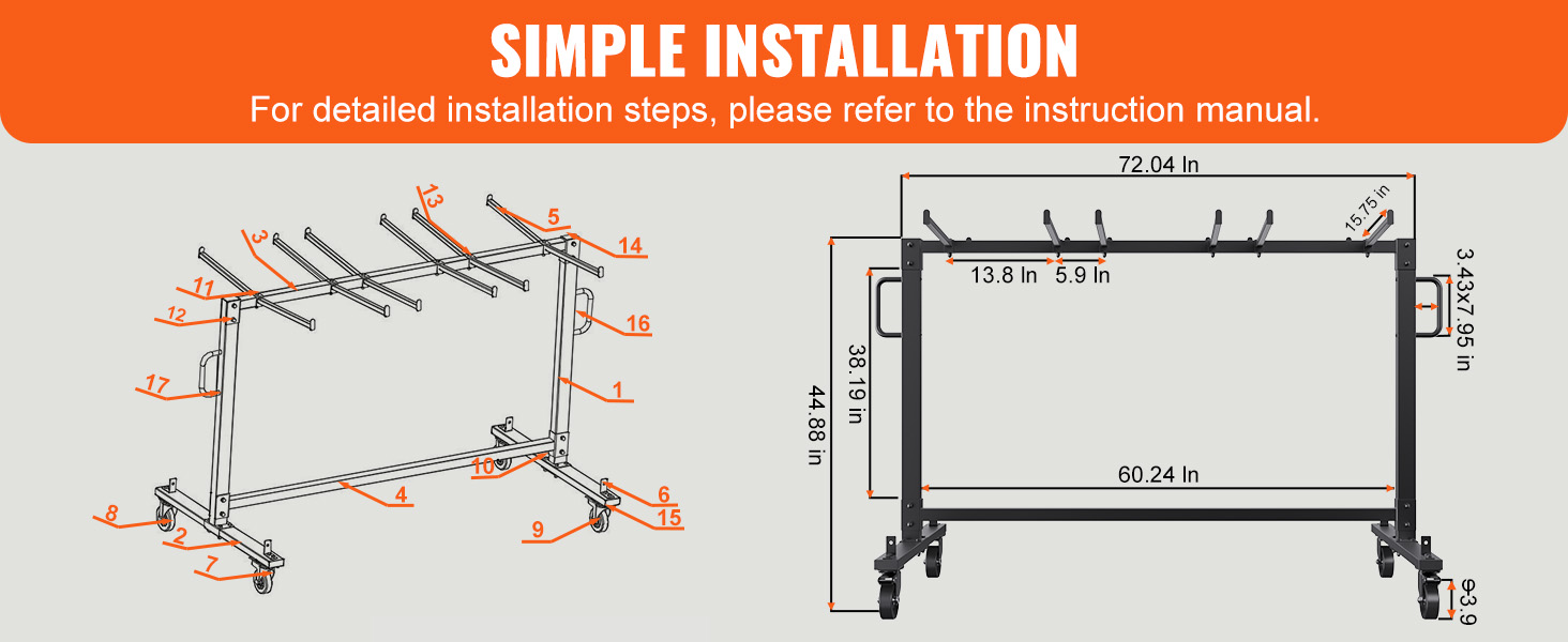 VEVOR folding chair cart; diagram with labeled parts and dimensions for simple installation.