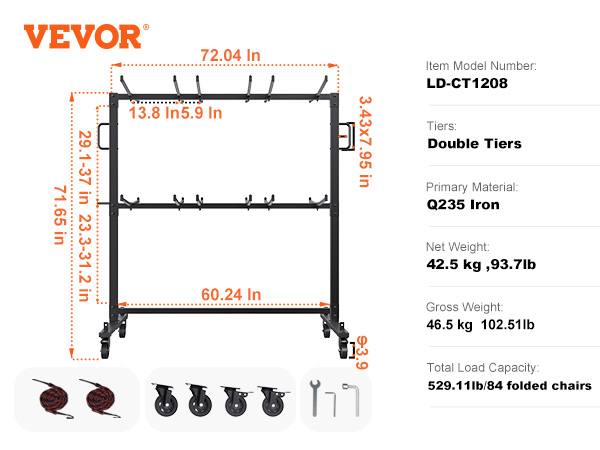 VEVOR folding chair cart dimensions, double tiers, q235 iron, 529.11lb capacity, matte black finish.