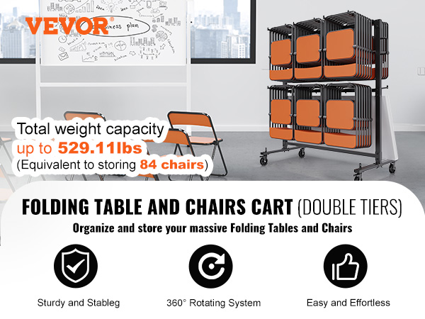 VEVOR folding chair cart holds up to 529.11 lbs (84 chairs), with sturdy, stable, and 360° rotating system.