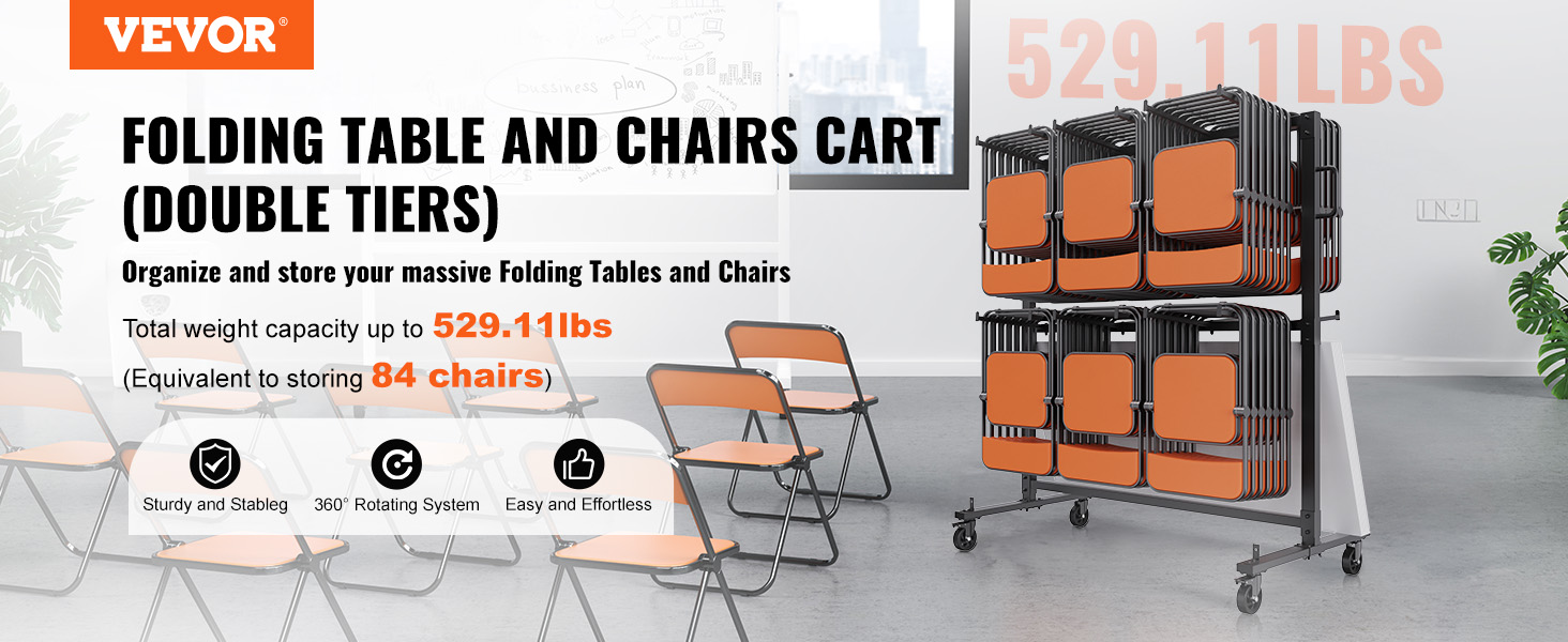 VEVOR folding chair cart holds up to 529.11 lbs (84 chairs), with sturdy, stable, and 360° rotating system.