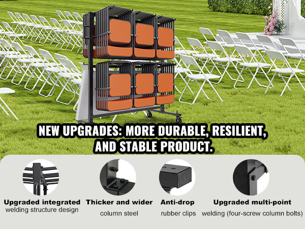VEVOR folding chair cart with upgraded structure, durable column steel, and anti-drop rubber clips.